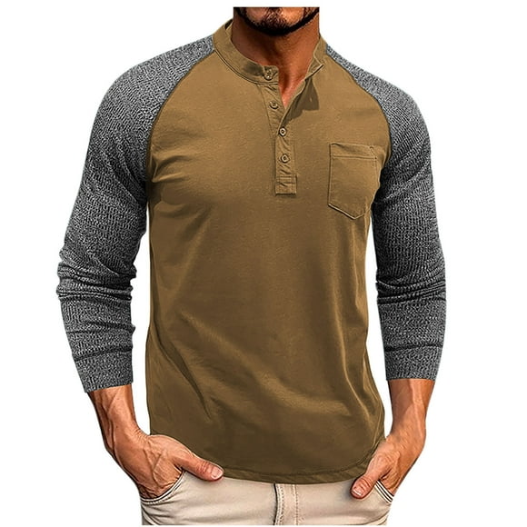 pstuiky camisas de manga larga para hombre, Suéter deportivo informal con cuello redondo y botones para hombre, blusa de manga larga con cuello redondo y diseño de bloques de color l