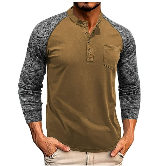 pstuiky camisas de manga larga para hombre, Suéter deportivo informal con cuello redondo y botones para hombre, blusa de manga larga con cuello redondo y diseño de bloques de color l