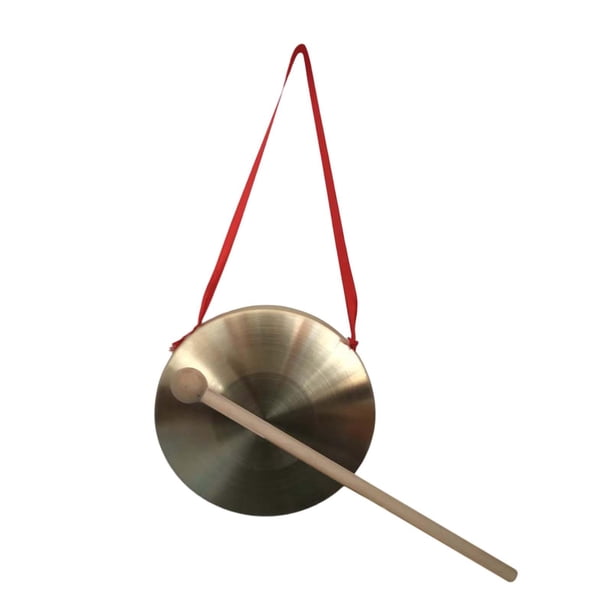 Gong de latón, instrumento de percusión tradicional chino para niños, gong de mano de cinta roja con mazo de madera para juegos de fiesta y oficina. 22 centímetros