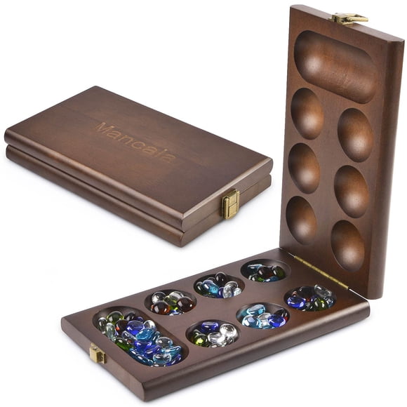 Juego de mesa AMEROUS Wooden Mancala con 72+8 piedras de cristal