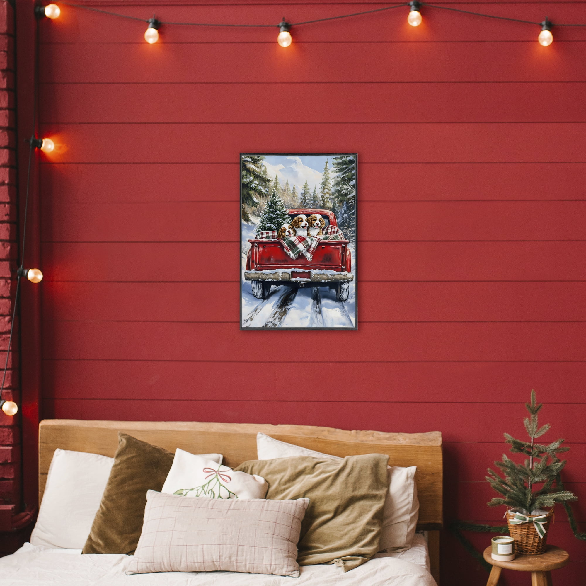 Christmas Truck Pups Trio Black Framed Giclee Art, design by Petal Prints Design