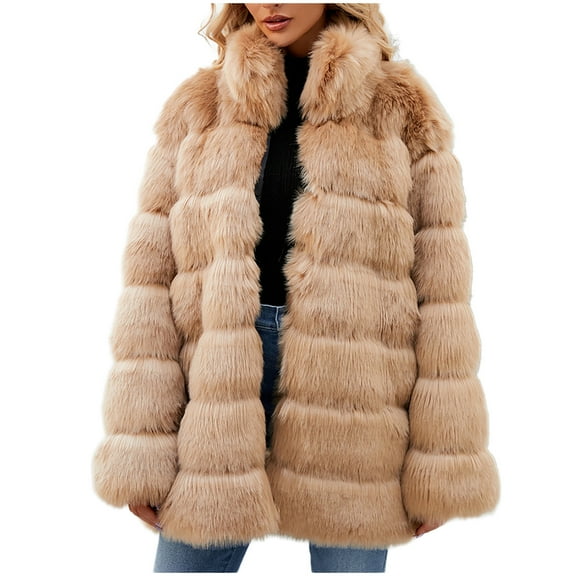 HTNBO Winter Coat Jacket for Women Luxury Faux Fox Fur Coat Slim Long Sleeve Collar Faux Fur Coats Overcoat