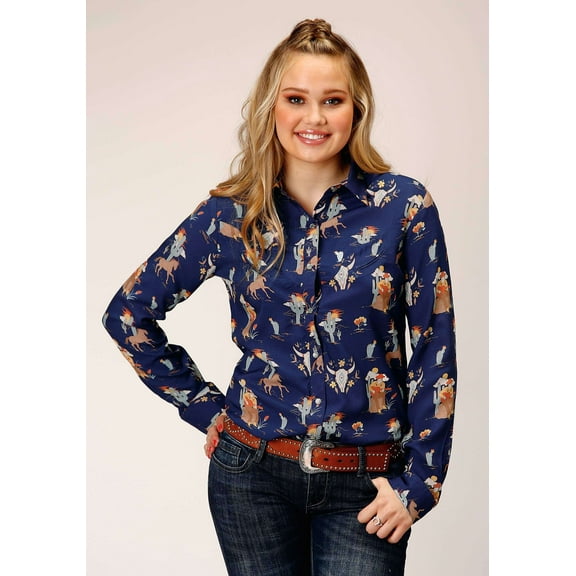 Roper Womens Long Sleeve Snap Cowboy Print Rayon Western Shirt