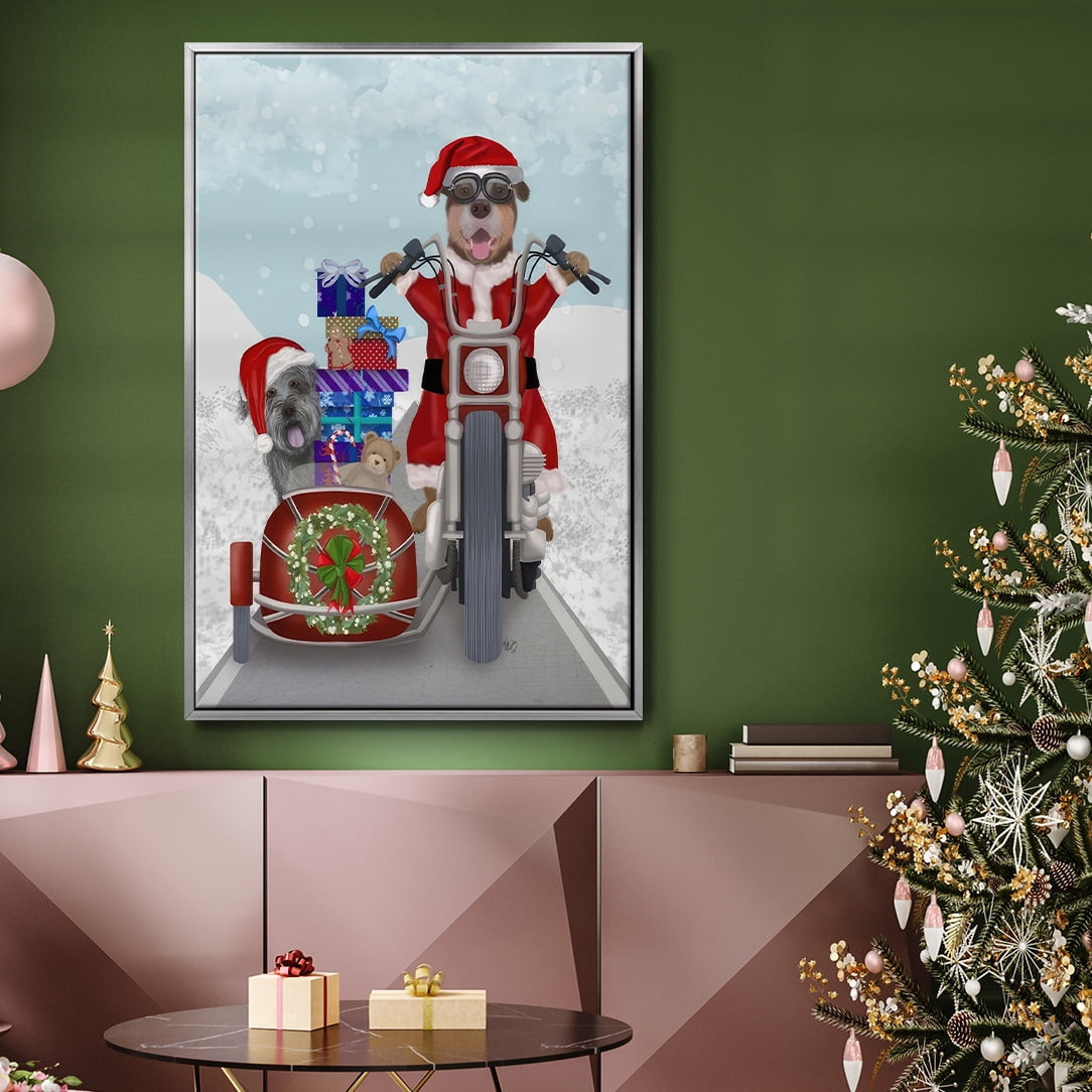 Christmas Mutts Christmas Chopper - Framed Gallery Wrapped Holiday Canvas - 17 x 25 - Silver Frame