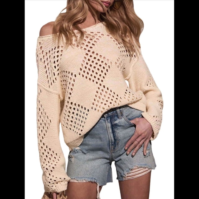Suéter de Punto Calado con Hombros Descubiertos y Cuello en V para Mujer. Albaricoque L