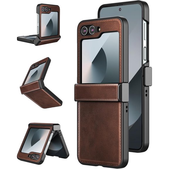 for Samsung Galaxy Z Flip 6 Case, Z Flip 6 Case with Hinge Protection PU Leather Hard PC Shell Ultra Thin Slim Durable Protective Case for Samsung Galaxy Z Flip6 5G 2024 (Brown)