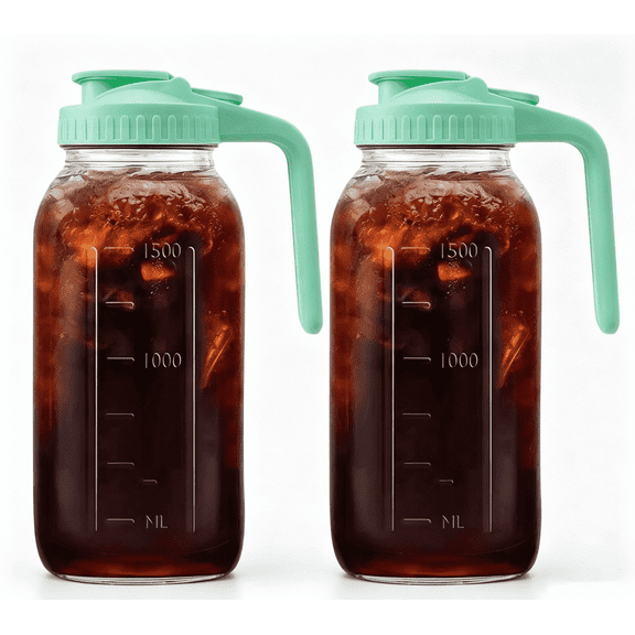 2-Piece Glass Beverage Pitcher with Green Lid & Handle, Leakproof Water Carafe with Scale, Iced Tea & Juice Pitcher for Fridge, Kitchen(Green)