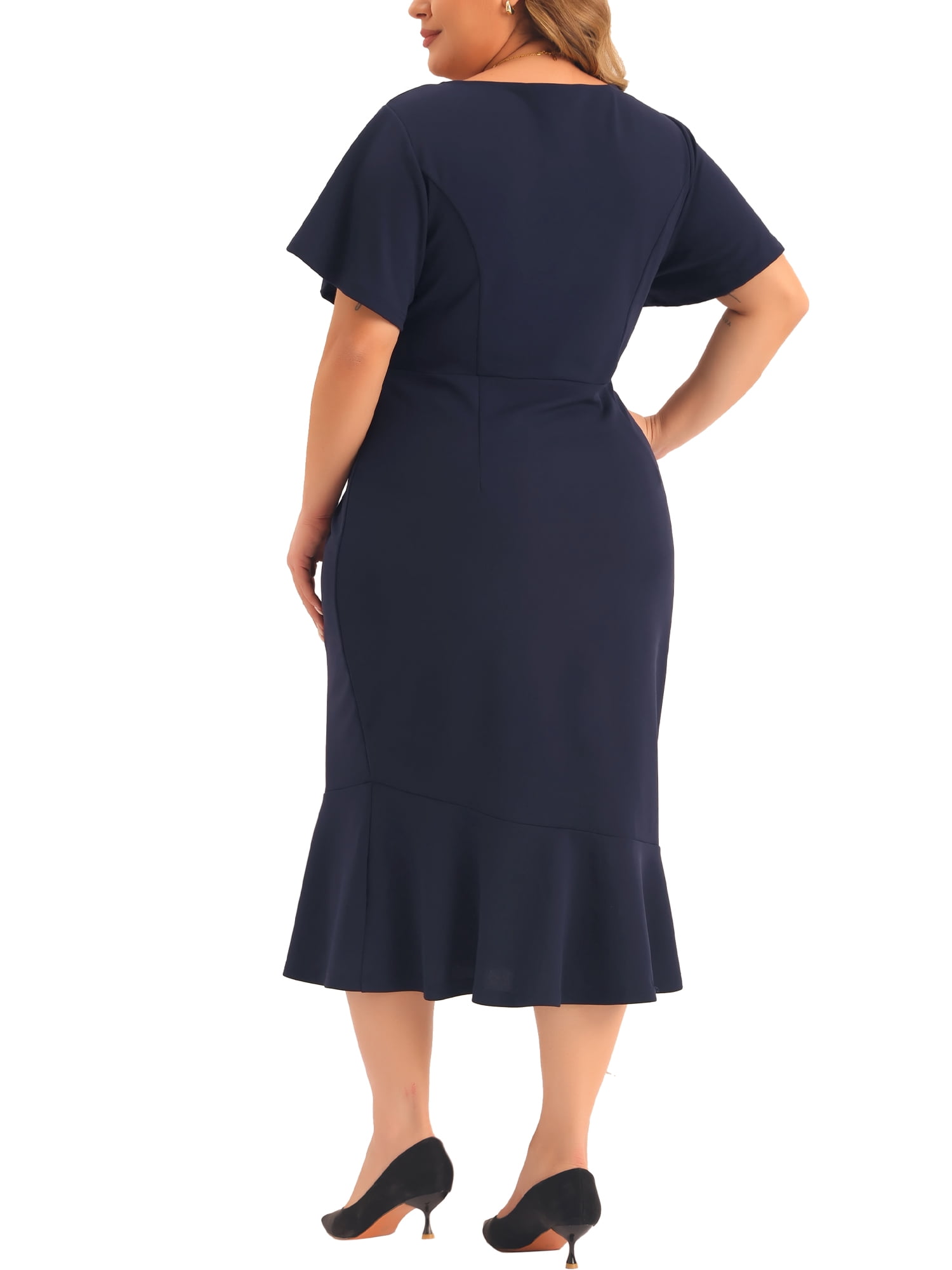 DARING DIVA Women's Plus Size V Neck Ruffled Short Sleeves Dress 1X Navy Blue