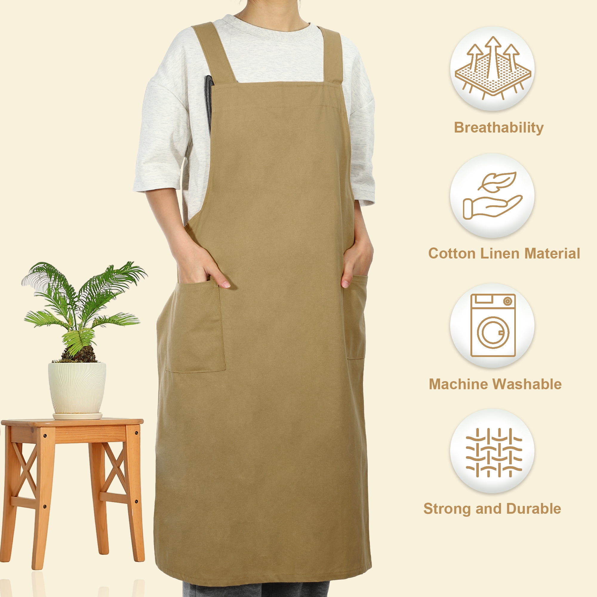 Unique Bargains Cotton Linen Apron Cross Back Apron with Pockets Yellow