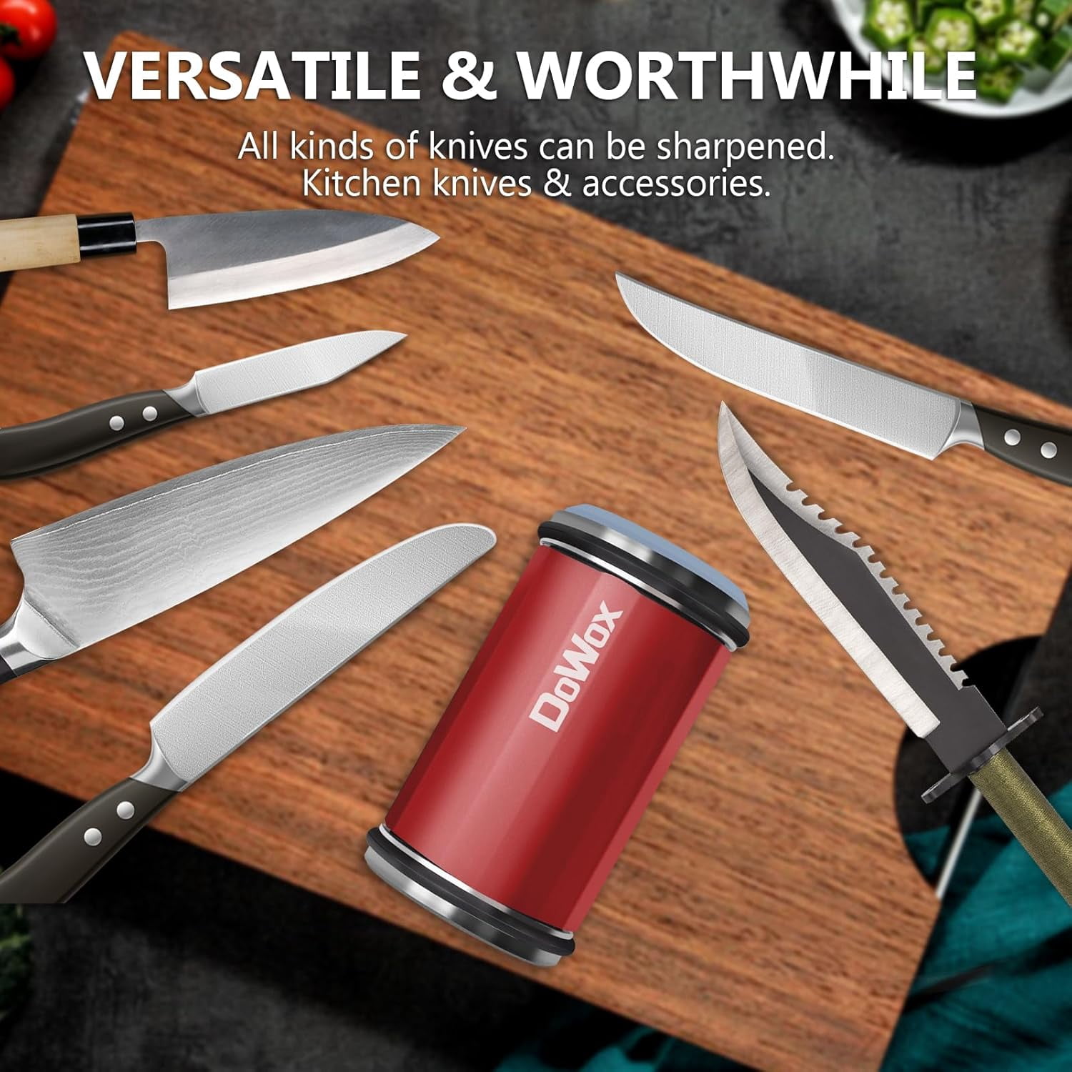 Upgraded Rolling Knife Sharpener with Leather Strop, 4 Angle Base & 4 Replaceable Discs for Kitchen Knives, Red