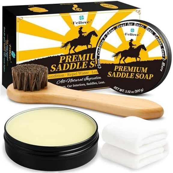 Saddle Soap for Leather – All-Natural 3-in-1 Leather Cleaner & Conditioner Kit with Horsehair Brush & Cloth – For Boots, Bags, Saddles, Car Interiors, Shoes 3.52oz