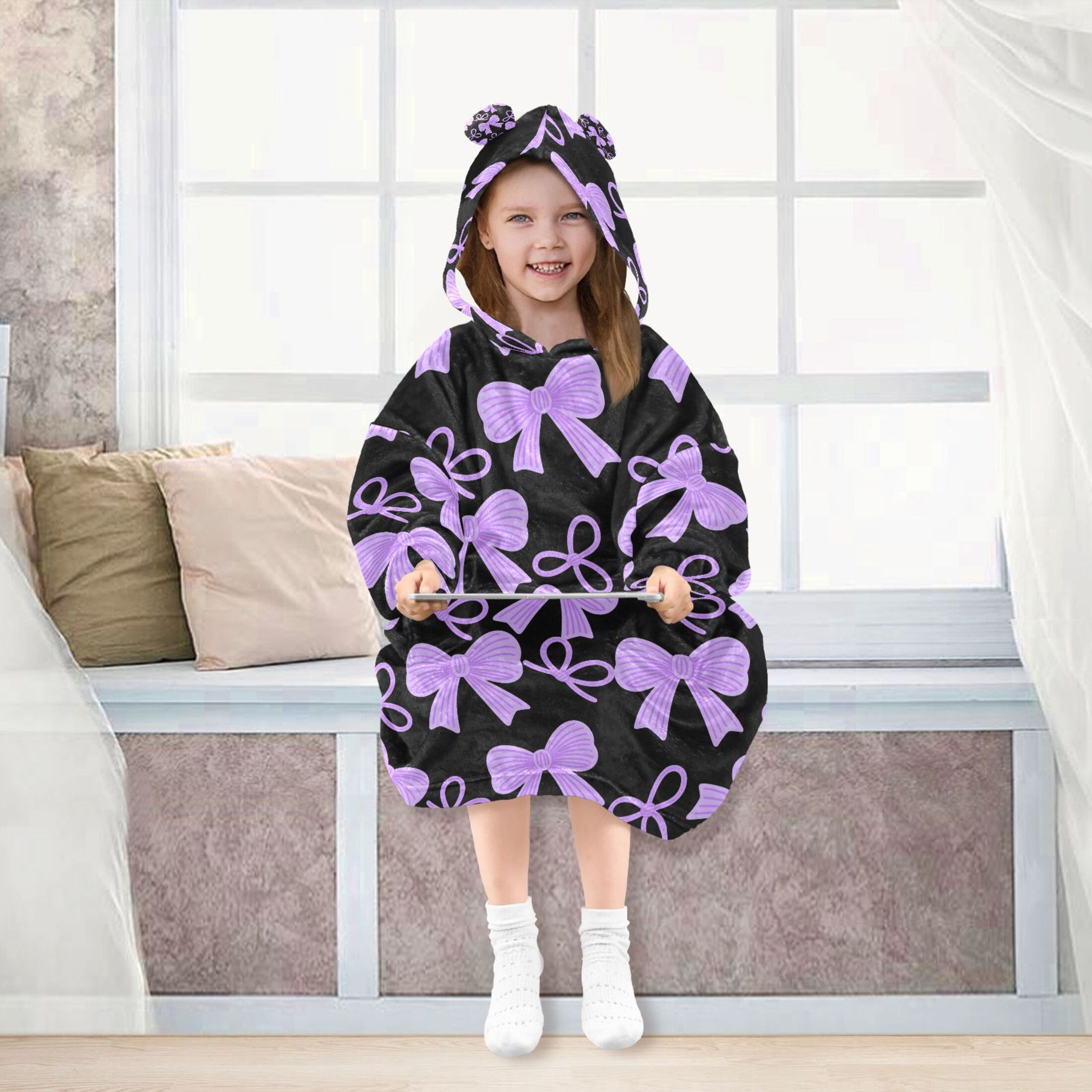 joogoo Blanket Hoodie for Purple Bows Oversize Sweatshirt 3-14 YR L