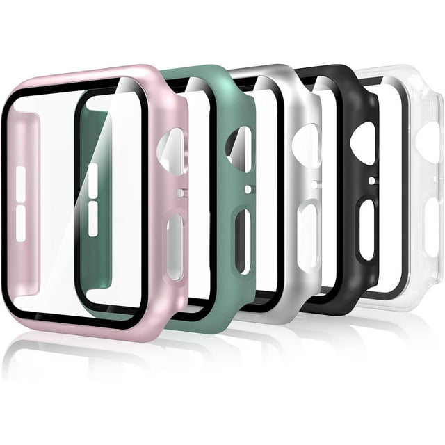 5 Piezas Funda con Protector Pantalla Compatible con Apple Watch Series 6/5/4/SE 3/SE 2/SE 40mm, PC Carcasa HD Cristal Templado Protector Ultra-Thin Anti-Rasguños, Claro,Negro,Verde, Plata,Rosa