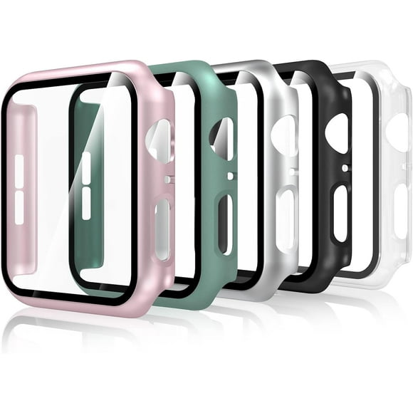 5 Piezas Funda con Protector Pantalla Compatible con Apple Watch Series 6/5/4/SE 3/SE 2/SE 40mm, PC Carcasa HD Cristal Templado Protector Ultra-Thin Anti-Rasguños, Claro,Negro,Verde, Plata,Rosa