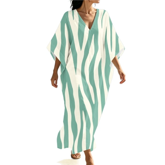 Dvprdro Womens Casual Beach Maxi Dress V Neck 3/4 Sleeve Moire Print Side Slit Loose A Line Flowy Bohemian