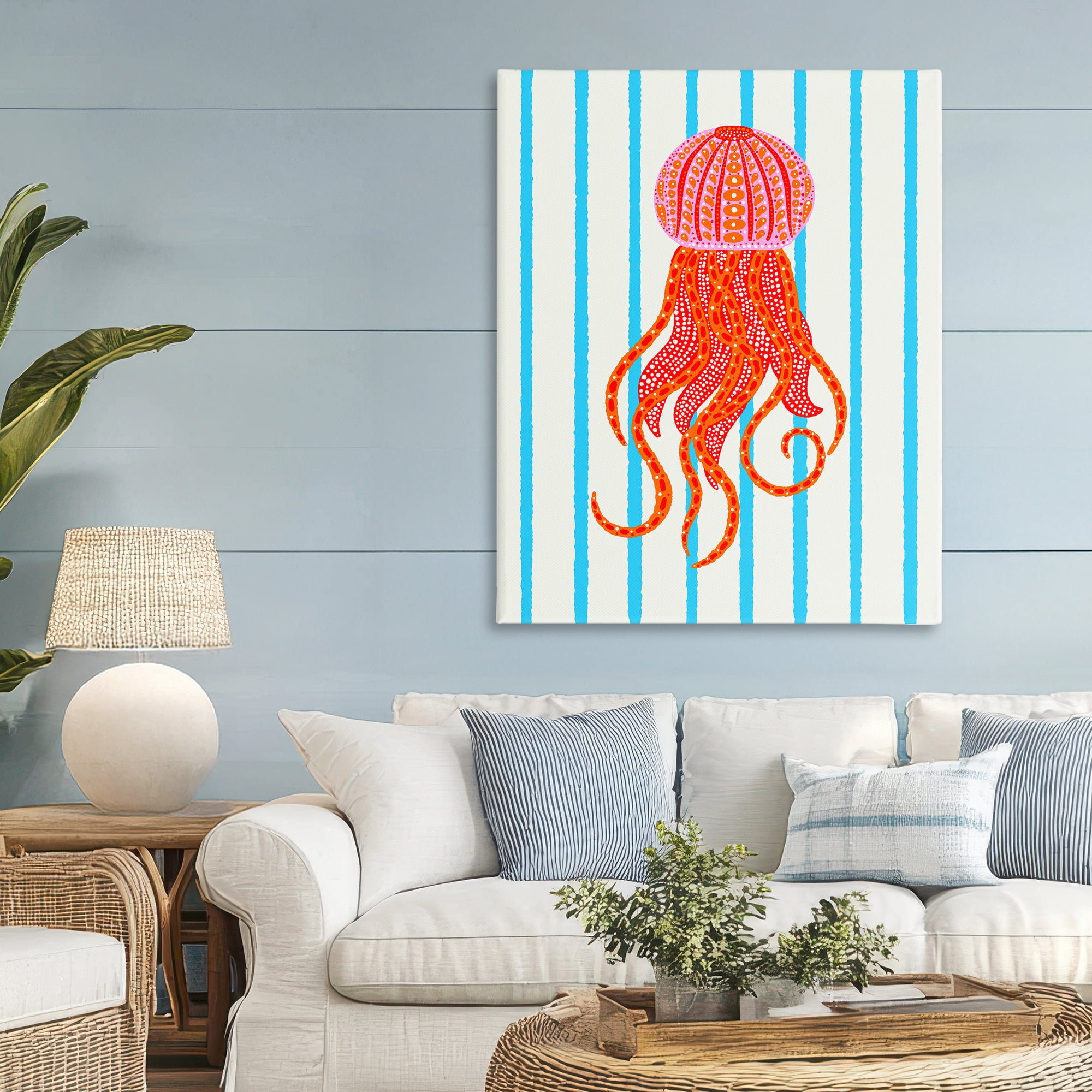 Stupell Industries Bright Aquatic Jellyfish on Stripes Canvas Wall Art, design by Indira Prieto | IndySign