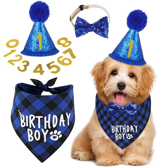 AOMRCOL Dog Birthday Hat Bandana Set,Blue Plaid Boy Dog Bandana,Small,3 Sizes,Double Layer Birthday Boy Bandana,Dog Hat with Numbers,Bow Tie for Small Dog Birthday Party