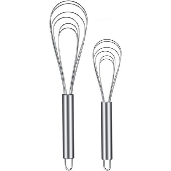2 Pieces Flat Whisk Stainless Steel Flat Wire Egg Whisk Set 8 Inch and 10 Inch Portable for Kitchen Cooking Sauce Blending Beating Stirring Mixing