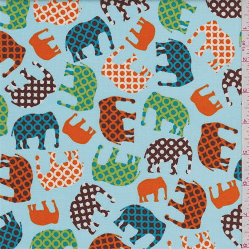 Baby Blue Multi Elephant Cotton, Fabric Sold By the Yard