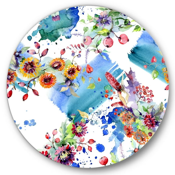 Designart 'Wildflowers and Vibrant Wild Spring Leaves IX' Modern Circle Metal Wall Art 36x36 - Disc of 36
