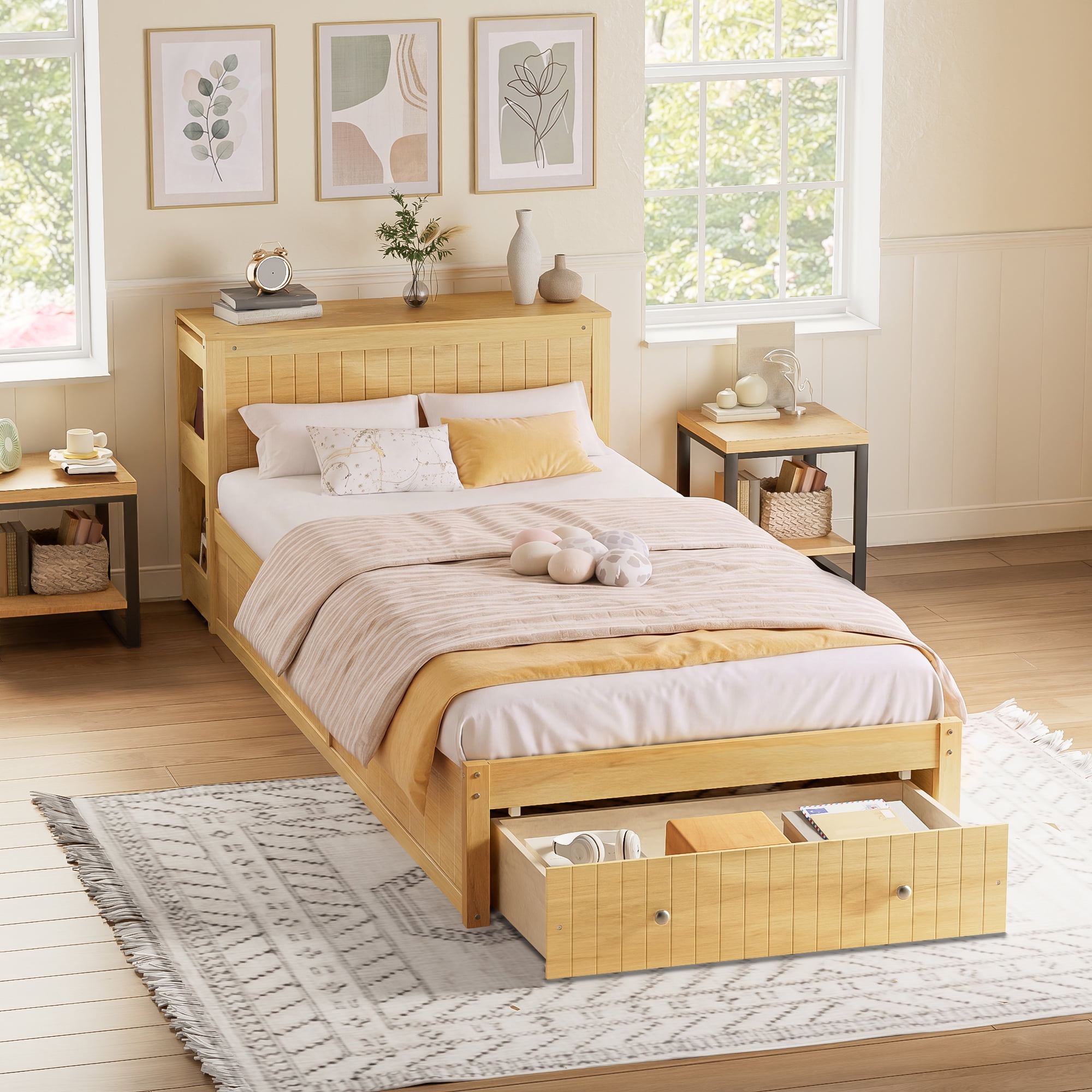 Mintazer Twin Size Platform Bed with Desk & Chair, Multifunctional Platform Bed with Storage Drawer & Side Open Shelves for Kids Teen Bedroom Apartmen, Natural