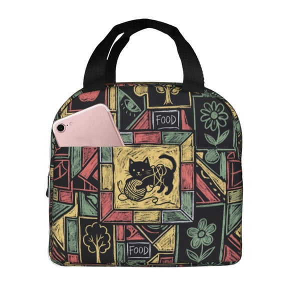 Black Cat Insulated Lunch Bag Reusable Lunch Box For Women Men Leakproof Thermal Meal Prep Tote With Front Pocket For Work Office Picnic Travel Beach
