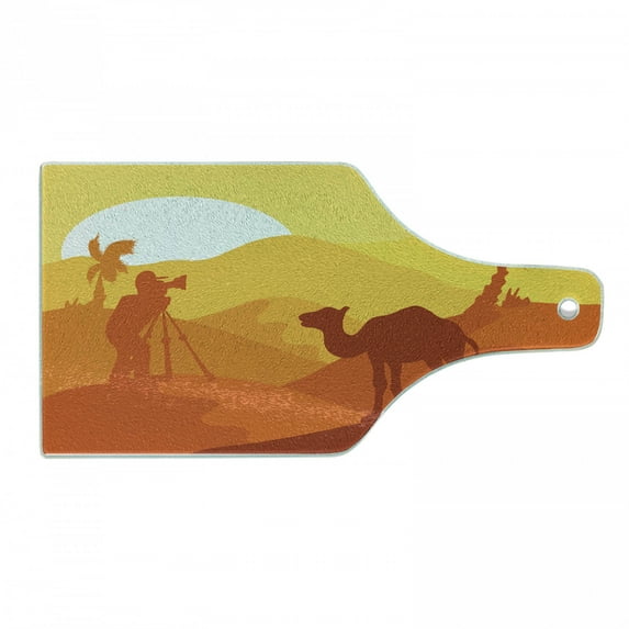 Travel Cutting Board, Monochromatic Layout of a Desert Landscape with Camel Safari, Decorative Tempered Glass Cutting and Serving Board, in 3 Sizes, by Ambesonne