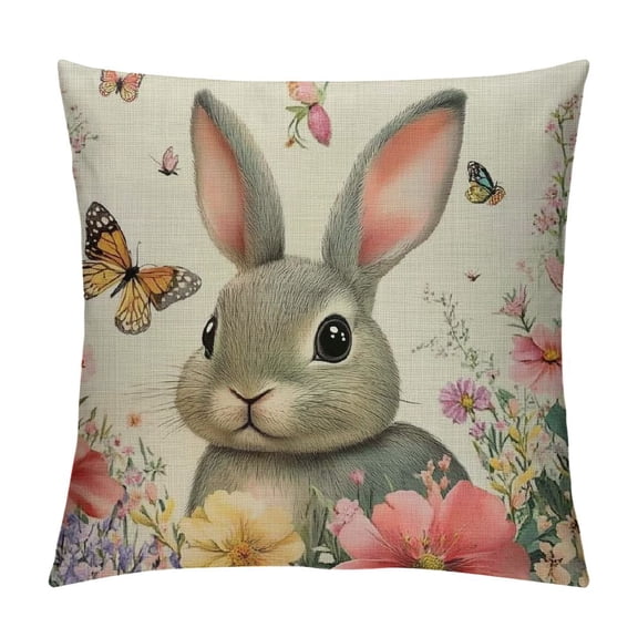 PRATYUS Easter Floral Garland Bunny Throw Pillow Covers,Spring Outdoor Holiday Decor Cute Rabbit Cushion Case Farmhouse Decoration for Home Sofa Couch 12x12in