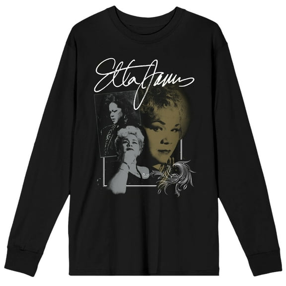 Etta James Signature and Collage Adult Black Long Sleeve Crew Neck Tee-Large