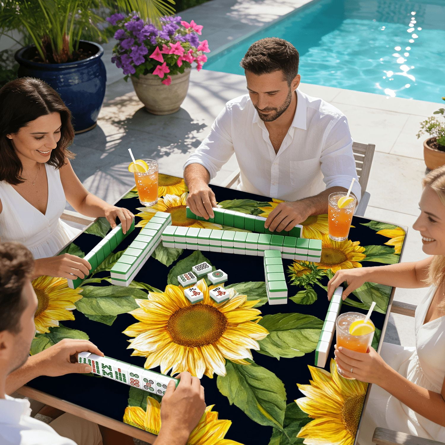 Mahjong Mat 31.5" x 31.5" Seamless sunflowers Trendy textile design Non-Slip Noise Reduction American Mahjong Tiles Table Cover for Dominoes Poker Card Board Games Gift