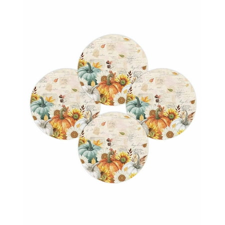 Fall Round Placemats Set of 4 Harvest Pumpkin Place Mats Thanksgiving Woven Placemat Autumn Maple Leaves Sunflowers Circle Braided Table Mat for Kitchen Dining Table Autumn Party Home Decor 15 Inch