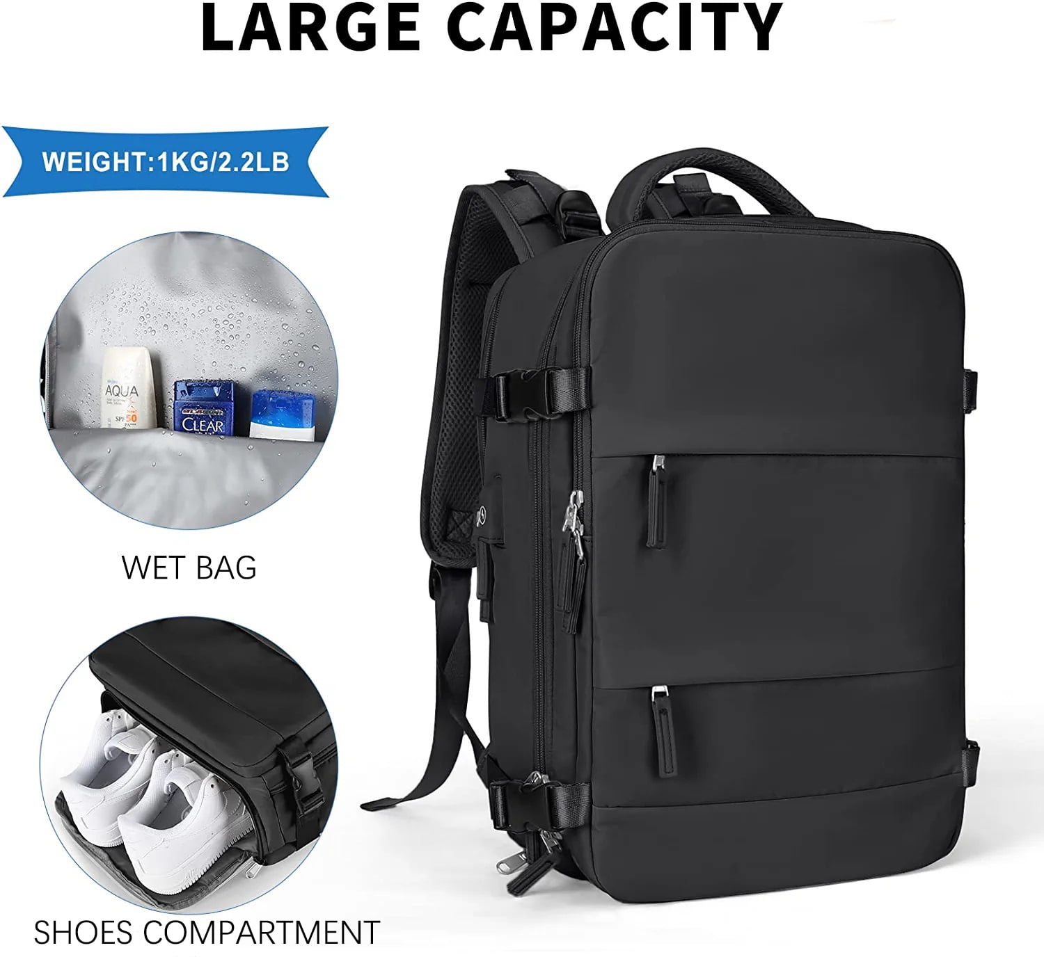 Large Backpack Women, Men Carry On Backpack,Hiking Backpack Waterproof Outdoor Sports Casual Daypack Airplane Approved Backpack Student School Bag Black