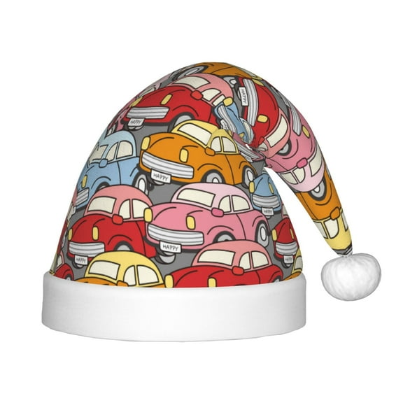 Fuzoiu Cute Cars Print Santa Hat Christmas Hat for kids,Santa Hats with Pompom, Unisex Xmas Holiday Hat for Christmas New Year Festive Party Supplies