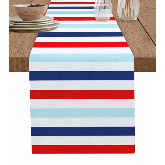 ERUNPONLY Blue Red Striped Table Runner - 70 Inch Long Farmhouse Stripes Simple Art Cotton and Linen Blended Dress Scarves Farmhouse Table Runner for Kitchen Dining, Coffee Table, 13"x70"