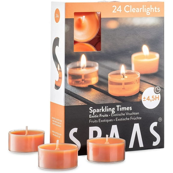 Scented Tea Lights Candles in Clear Cups, Exotic Fruits Fragrance, for Spa, Dinner, and Home Decor, 24 Pack
