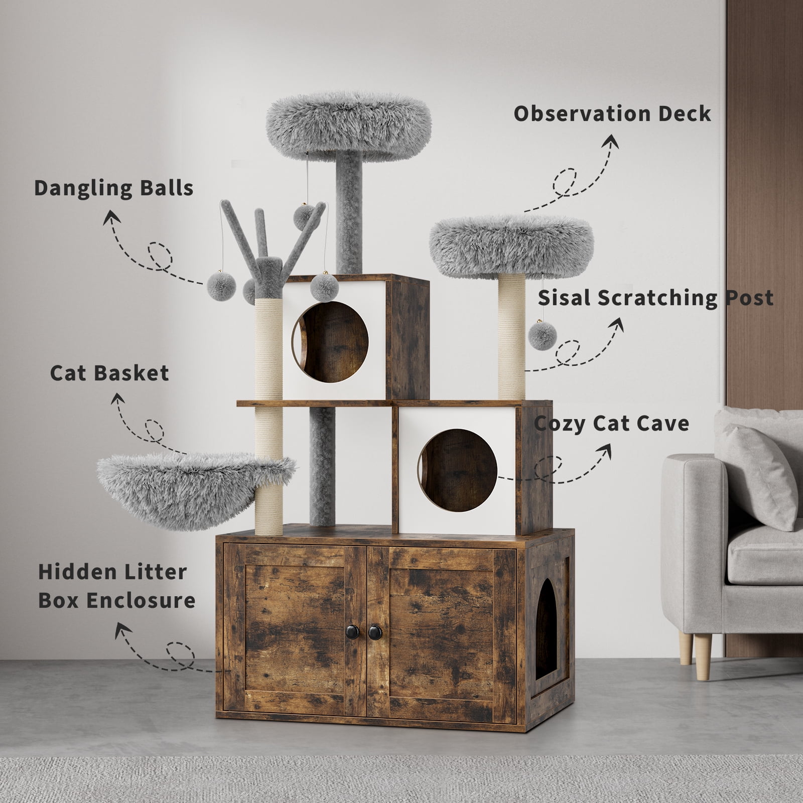 TEQIN Cat Tree with Litter Box Enclosure Furniture,Modern Cat Tower, 53.7’’ H Cat Condo with Sisal Scratching Post and Hammock, Indoor Pet Furniture with Large Platform