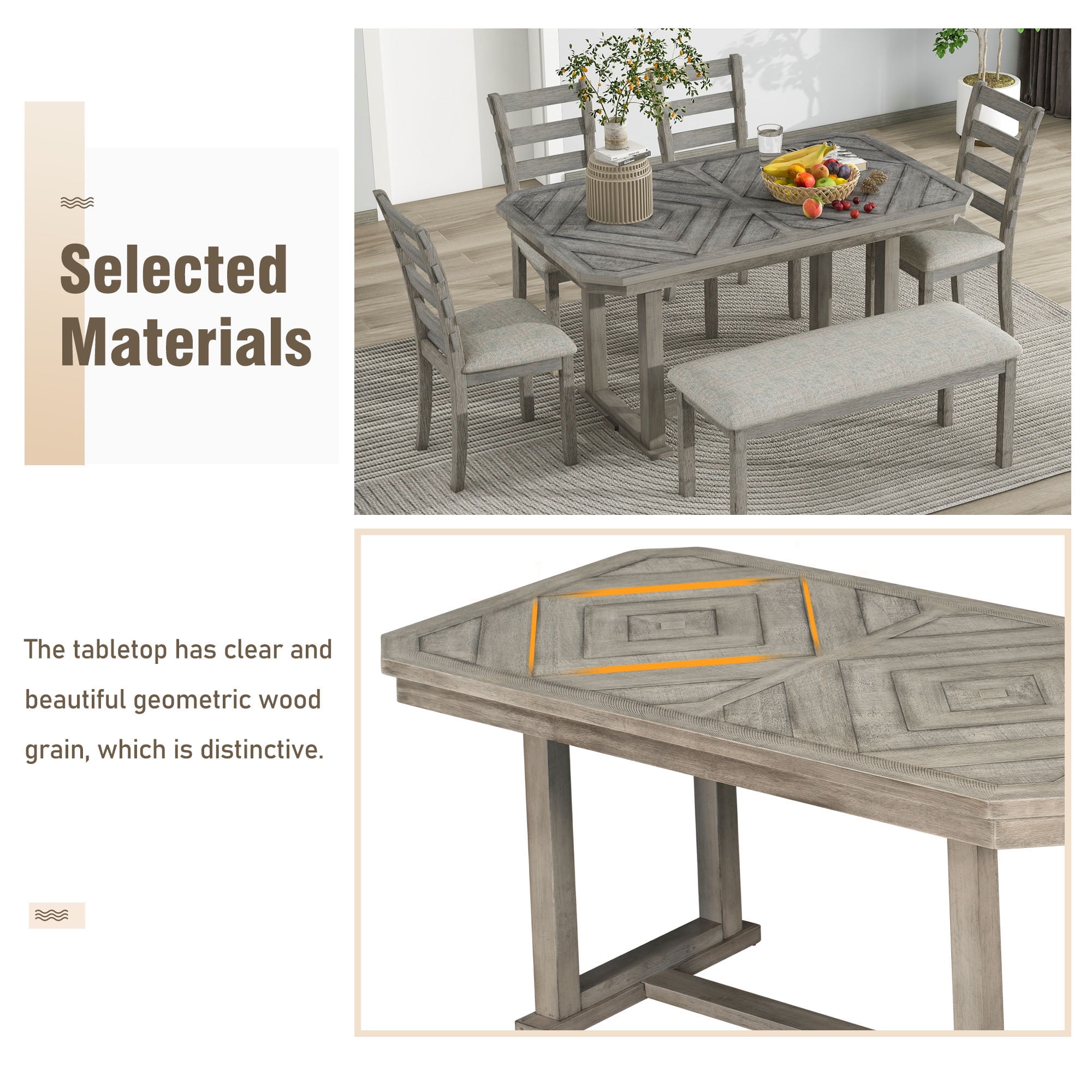 Euroco 6-Piece Rubber Wood Dining Table Set for 6, Farmhouse Kitchen Table Set with Beautiful Wood Grain Tabletop, 4 Upholstered Chairs & a Bench for Dining Room,Gray