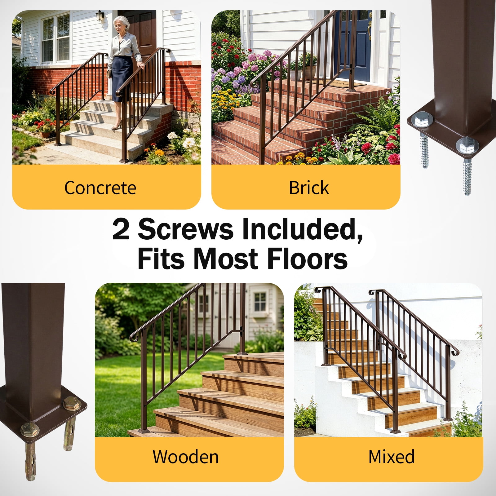 Copper Galvanized Iron Stair Handrail Curved Step Railing Fit 4-5 Steps Outdoor Garden Steps Non-Rust Powder Coated Safety Picket Rail With Installation Hardware