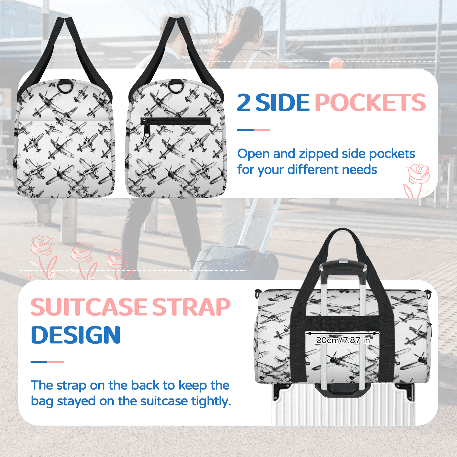 Herdesigns Airplane Pattern Travel Duffle Bag Sports Yoga Weekender Overnight Carry on Workout Bags Lightweight Waterproof Gym Tote Bag for Women
