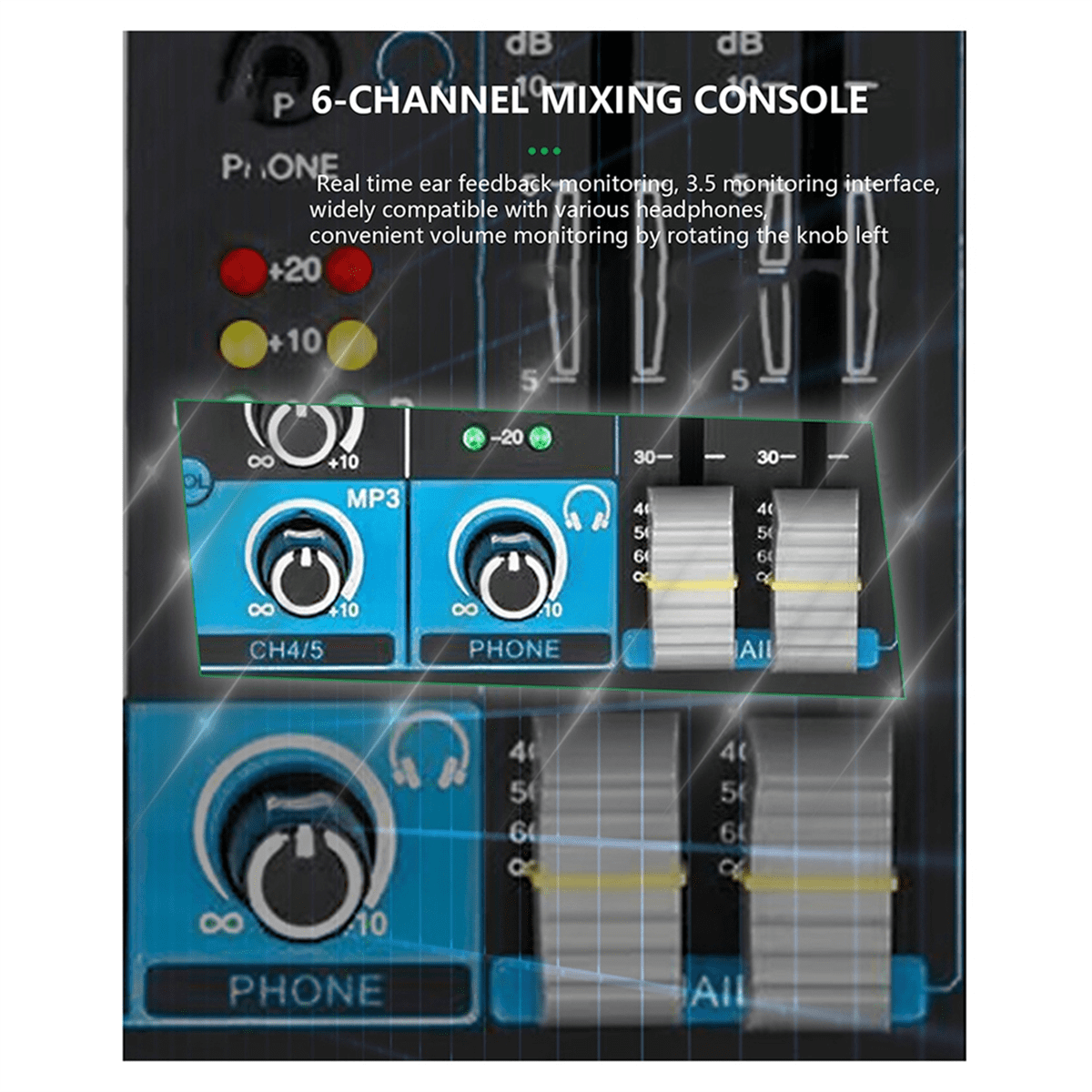 6-Channel Small Multi-Function Mixer for Stage Performances, Karaoke Live Broadcast, with USB Bluetooth Mixer