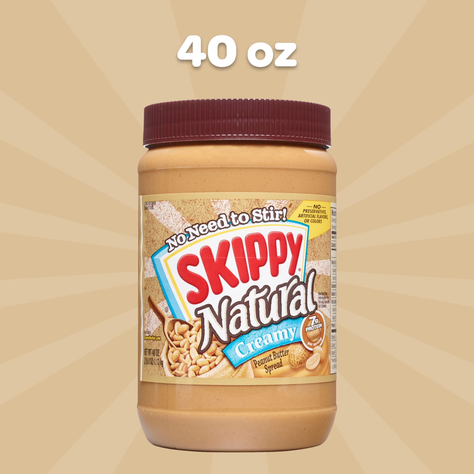 (8 pack) SKIPPY Natural Creamy Peanut Butter Spread, 7 G Protein per Serving, Plastic Jar 40 oz