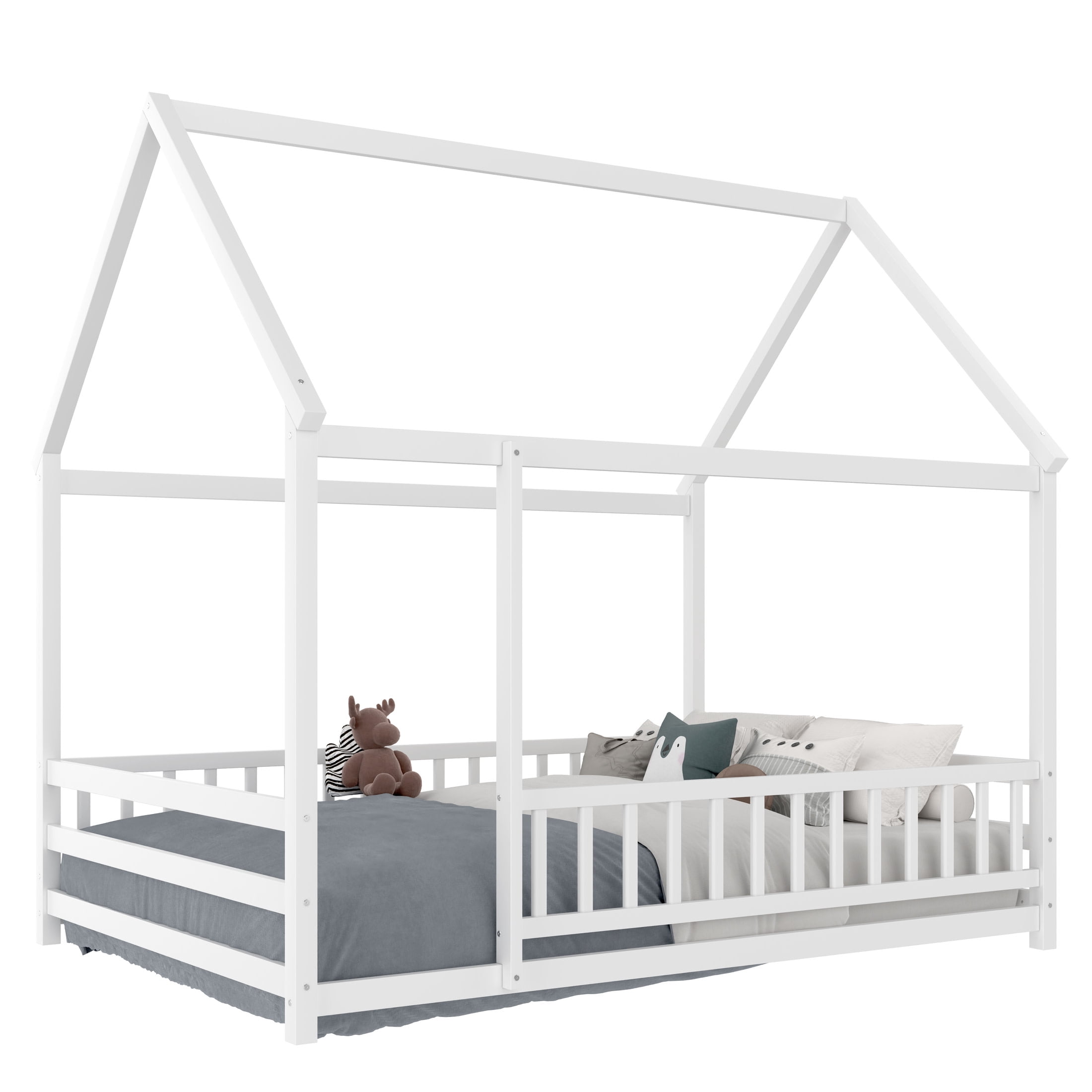 Noble House Full Size Montessori Floor Bed with House Roof Frame and Safety Guardrails, White