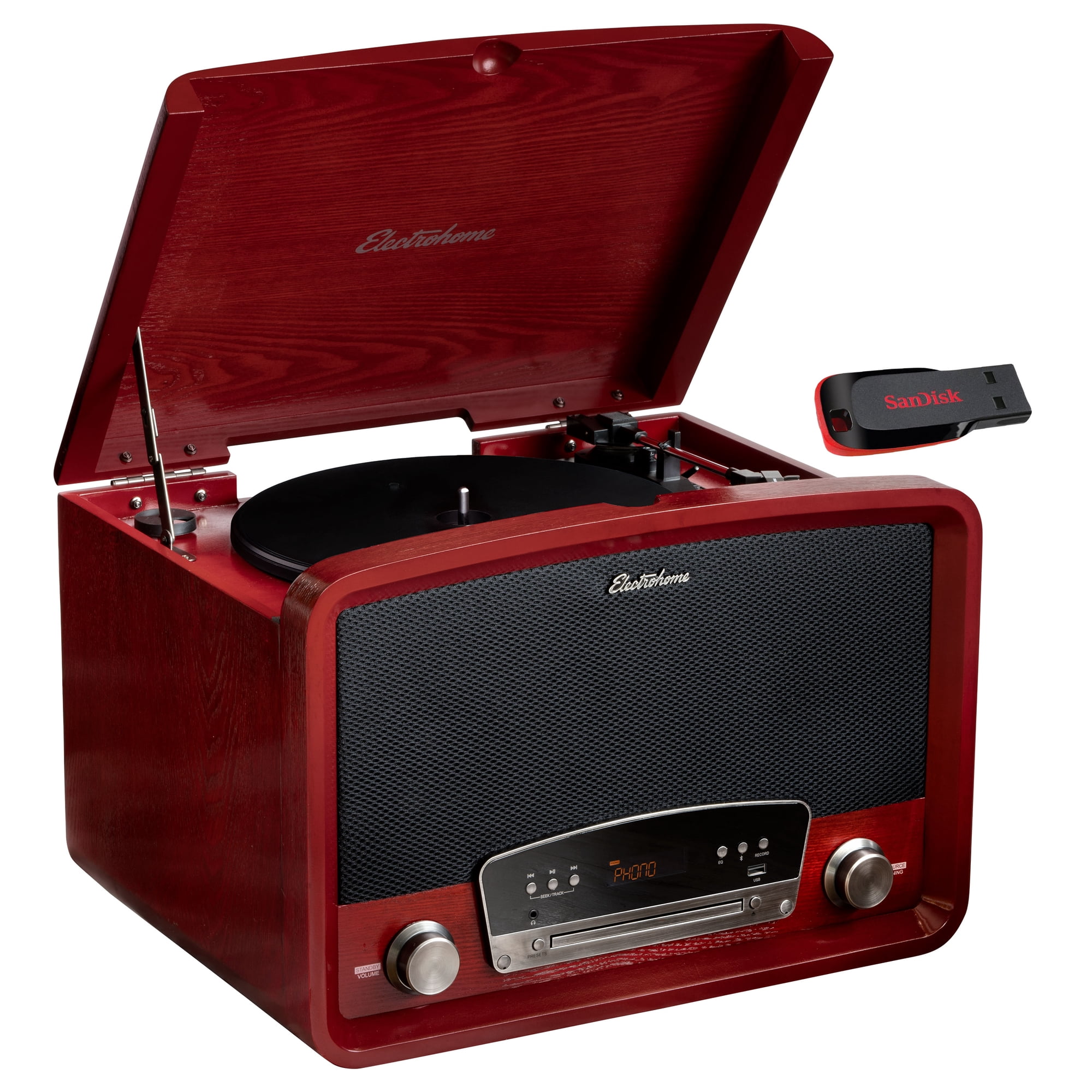 Electrohome Kingston 7-in-1 Vintage Vinyl Record Player Stereo System - 3-Speed Turntable Bluetooth AM/FM Radio CD Aux In RCA/Headphone Out Vinyl/CD to MP3 Recording & USB Playback w/ 32GB USB Drive