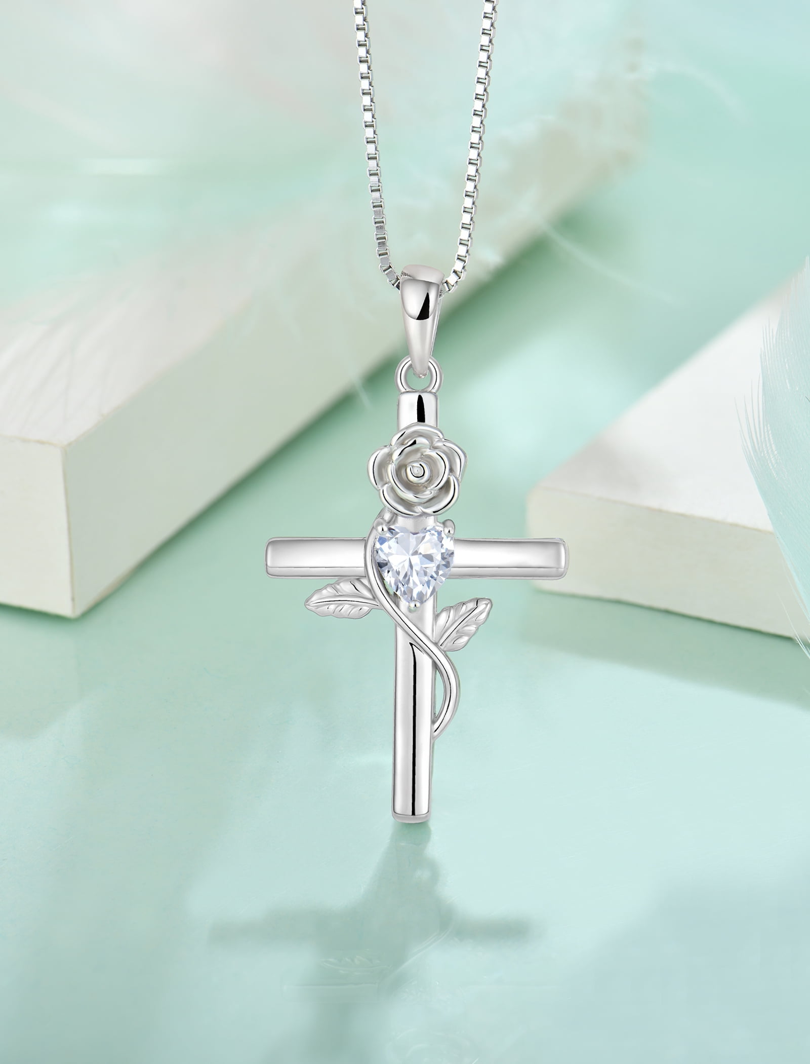 VESITIM Cross Pendant Necklace Sterling Silver Infinite Rose Flower Necklace Women Faith Jewelry Gift with Birthstone April Cubic Zirconia