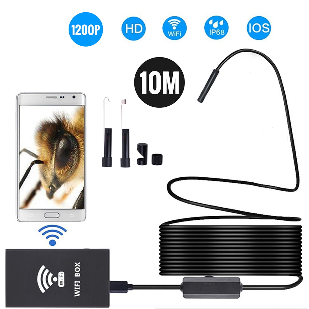 2.0MP HD 8 LEDs Black 10M Hard Wire 8mm Wireless Industrial Protable Endoscope Camera WiFi Inspection IP68 Waterproof Semi-Rigid Cable Borescope for iPhone/iPad/Android/PC 