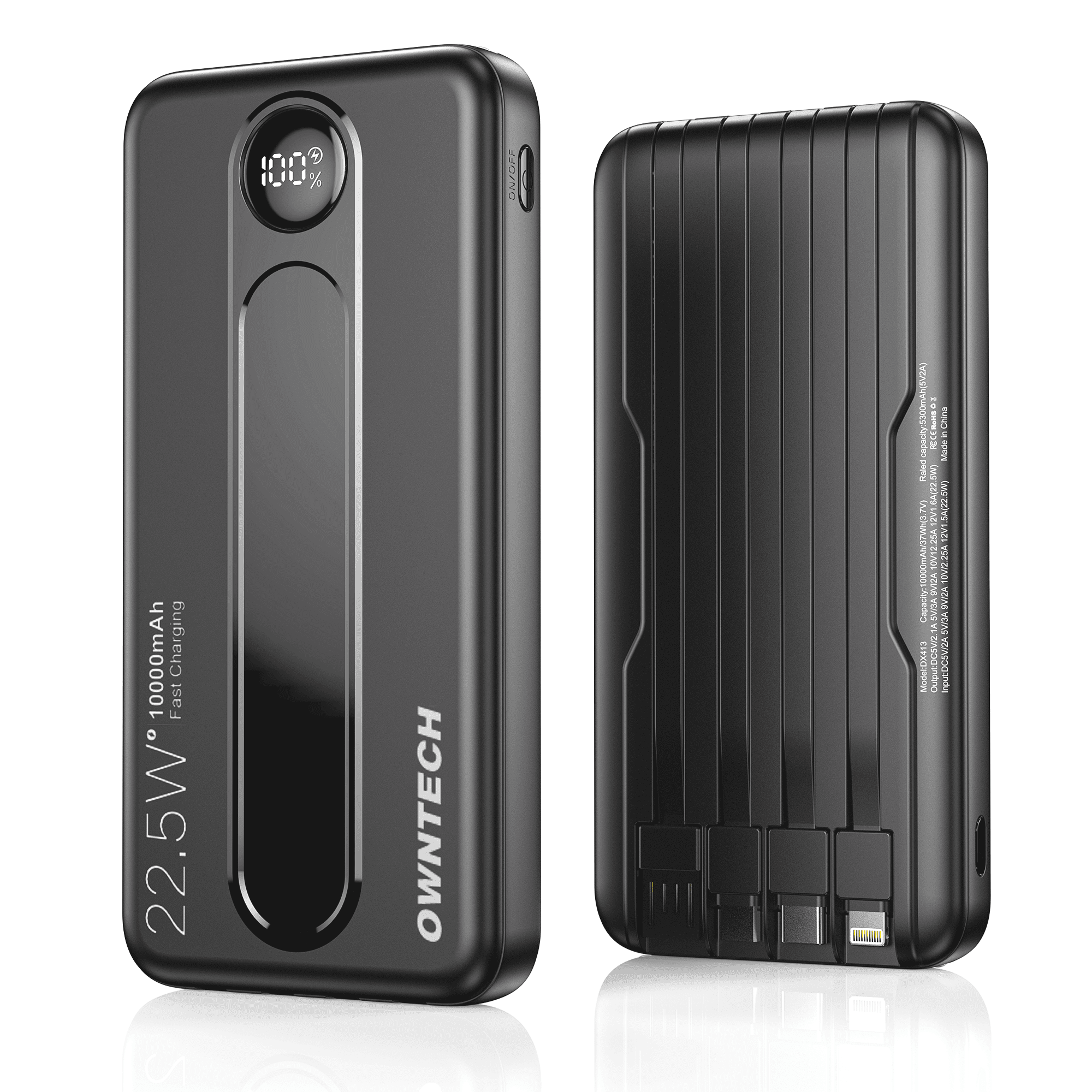 OWNTECH 10000mAh Portable Charger with Built-in Cables, 22.5W Fast Charging, USB-C Power Bank, LED Display, Compatible with iPhone 16/15/14, Samsung & Android Phones (Black)