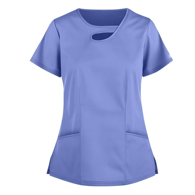 Snoarin Été Plus Size Blouse for Women Manches Courtes Col Rond Tops Travail Uniforme Couleur Unie avec Poches Blouse Work Uniformes for Women sur Dégagement