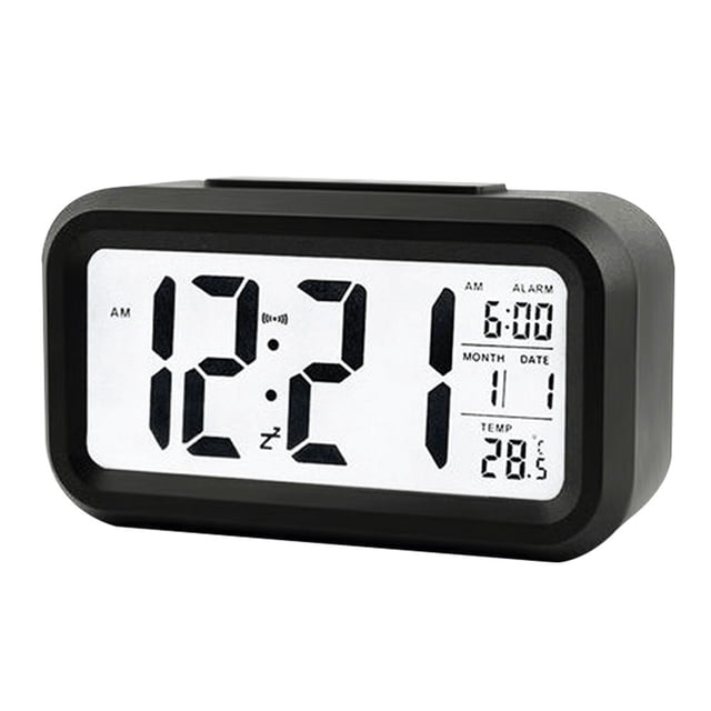 Reloj despertador para dormitorio, luz nocturna inteligente, funciona con pilas, pequeño, práctico, para escritorio, mesita de noche, regalo, color negro.