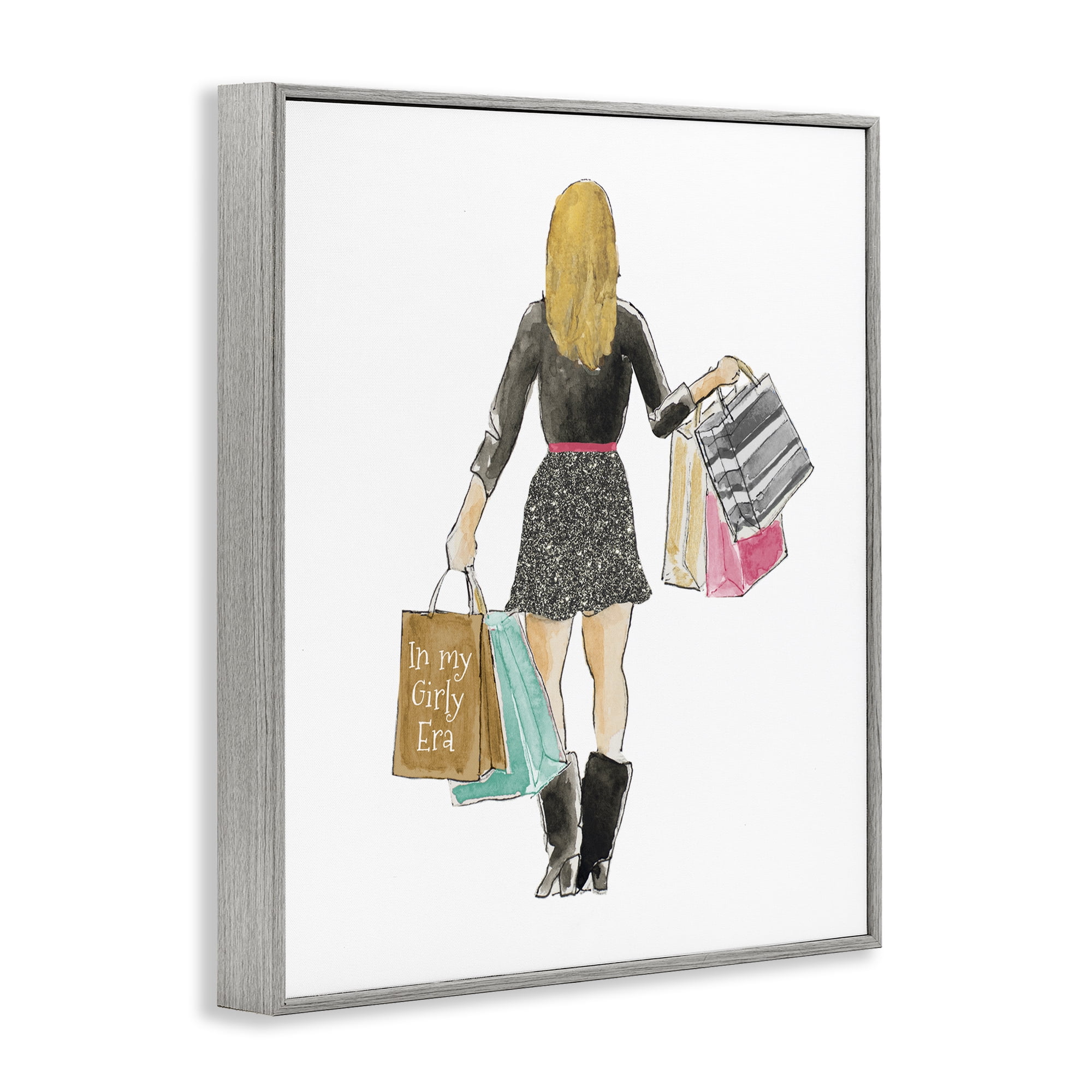 Stupell Industries Girl With Shopping Bags Gray Framed Giclee Art, design by Lanie Loreth