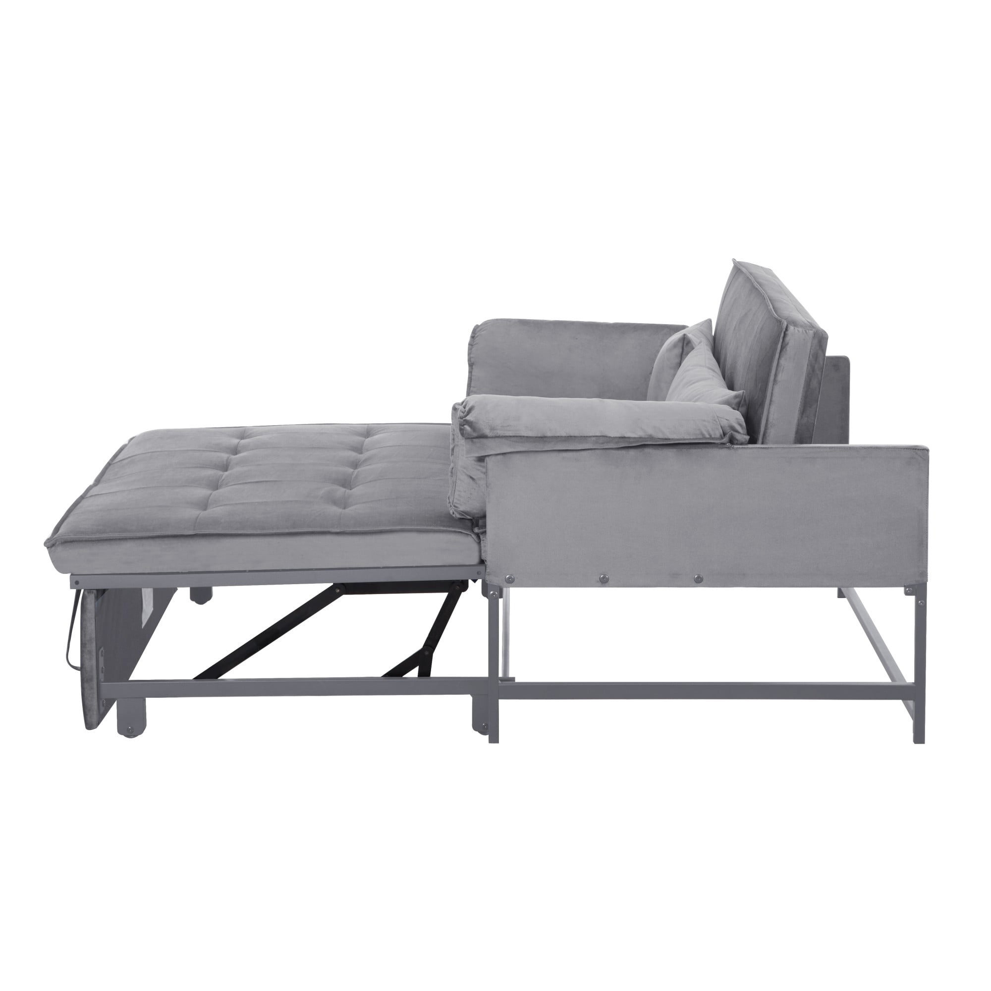 DEALTOPS 46" Velvet Pull-Out Sleeper Sofa Bed, 2-in-1 Convertible Loveseat with 5-Level Reclining Backrest, Gray
